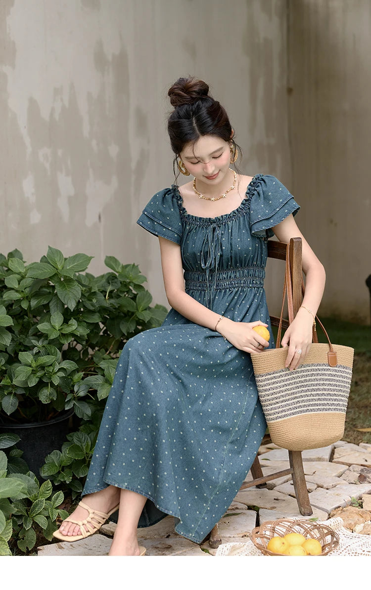 MISHOW Lace Up Flying Sleeve Polka Dot Dress Summer 2024 High Waist Pleated Long Dresses Square Neck Denim Dress MXD30L2022