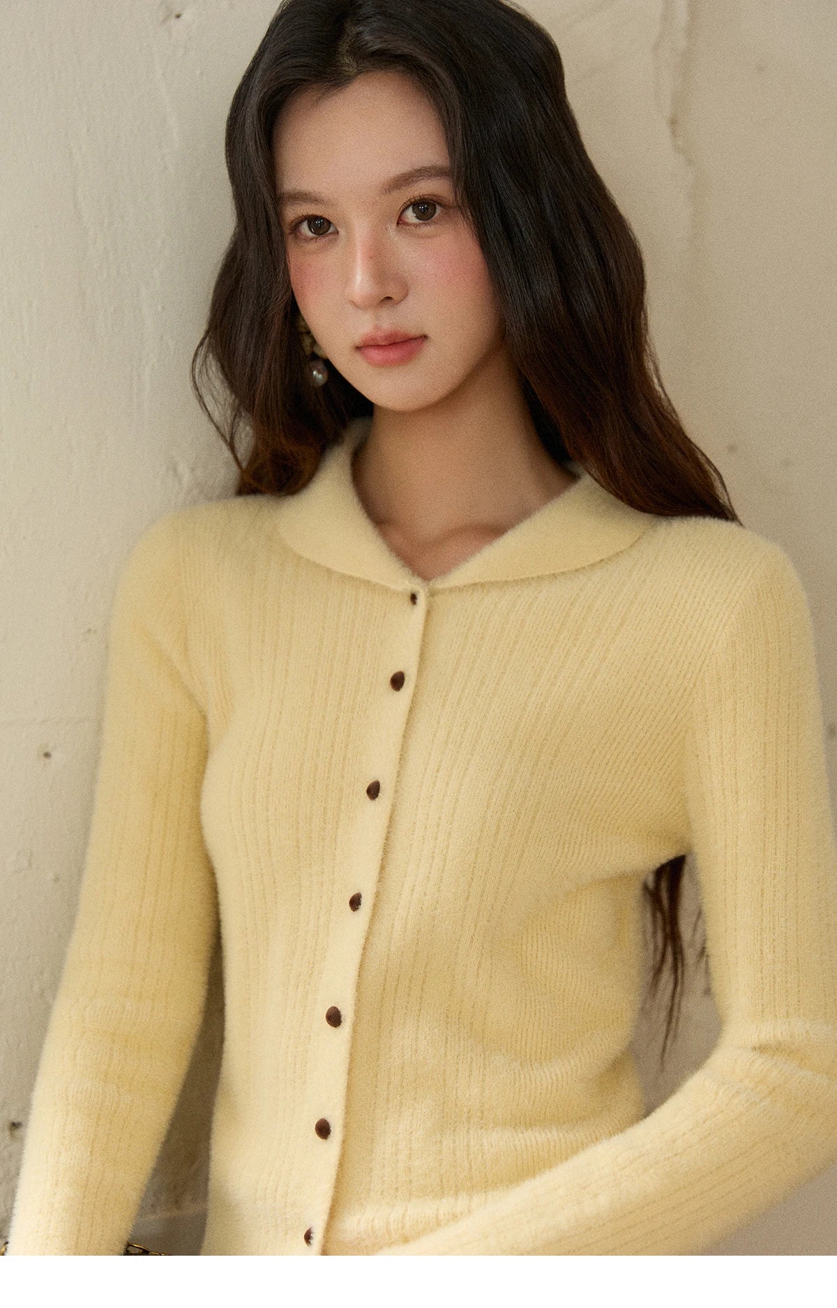 MISHOW Woman Yellow Cardigan 2025 Winter Imitation Mink Fur Knitted Cardigan Turn-down Collar Long Sleeves Soft Top MXE89Z2671