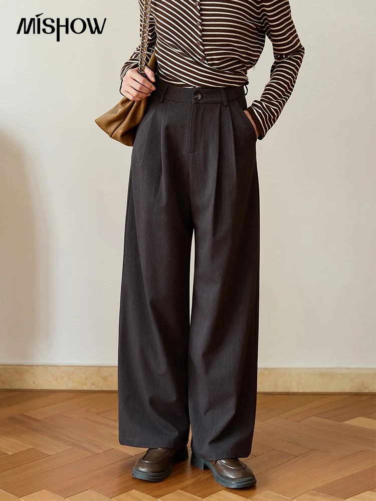 MISHOW Women's Solid Wide-leg Pants 2025 Autumn Fashion Minimalist High-waisted Loose Trousers Commute Pockets Pants MXE46K1090