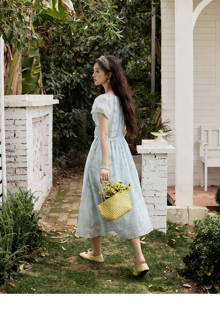 MISHOW V-Neck Lace-Up Puff Sleeve Midi Dress MXE34L2227