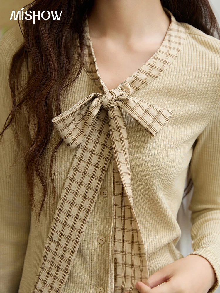 MISHOW Yellow Cardigan Women 2025 Autumn Vintage Plaid Bowknot V-neck Long-sleeve Knitted Top Commute Slim Sweater MXE16Z1168