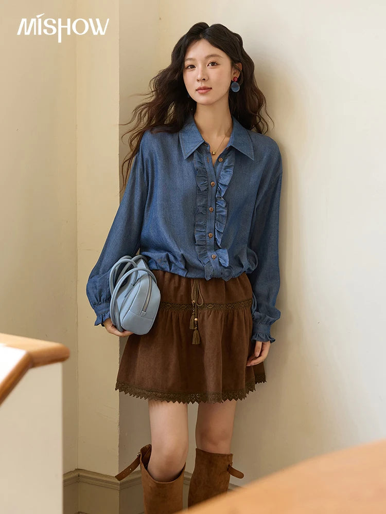 MISHOW Blue Lyocell Imitation Denim Shirt for Women Autumn 2025 Ruffled Placket Contrasting Button Waist Cinc Shirt MXE43C2386