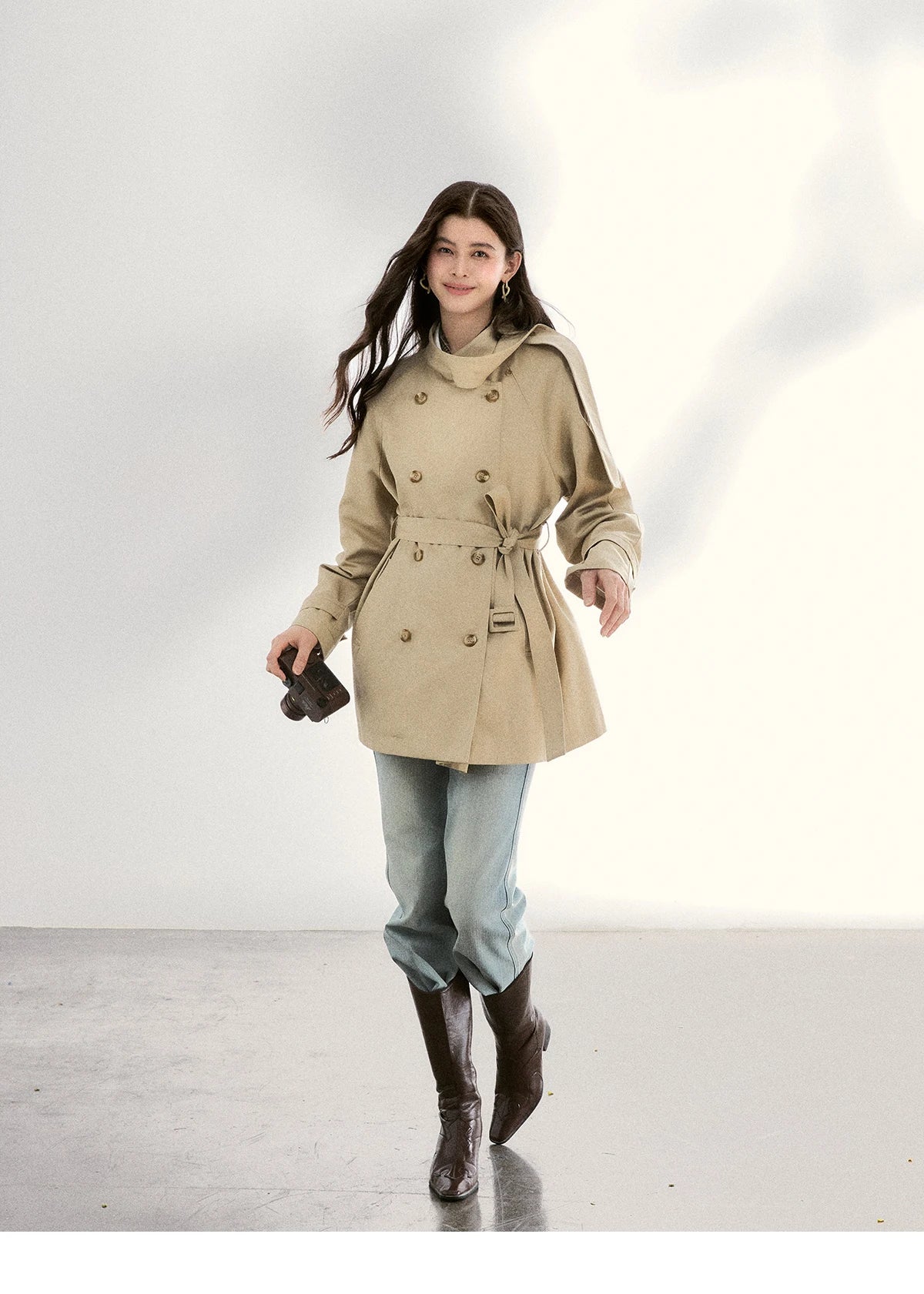 MISHOW Women's Double-Breasted Trench Coat 2026 Spring Belted Lapel Trench Long Sleeve Casual Mid-Length Outerwear MXF11W1031