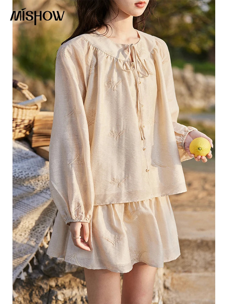 MISHOW Iris Embroidery Blouse Elastic Waist Skirt Set for Women Spring Summer 2025 Jacquard Commuting Slim Two Pieces MXE13T0454