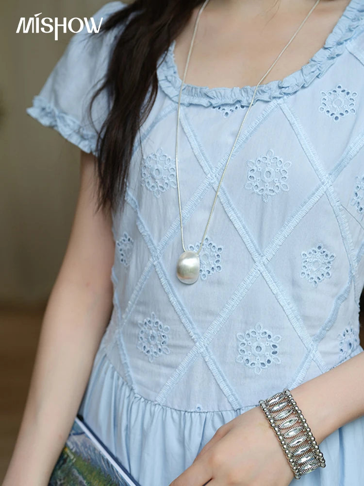 Mishow Blue Lace Mushroom Edge Puff Sleeve Dress MXE38L2348