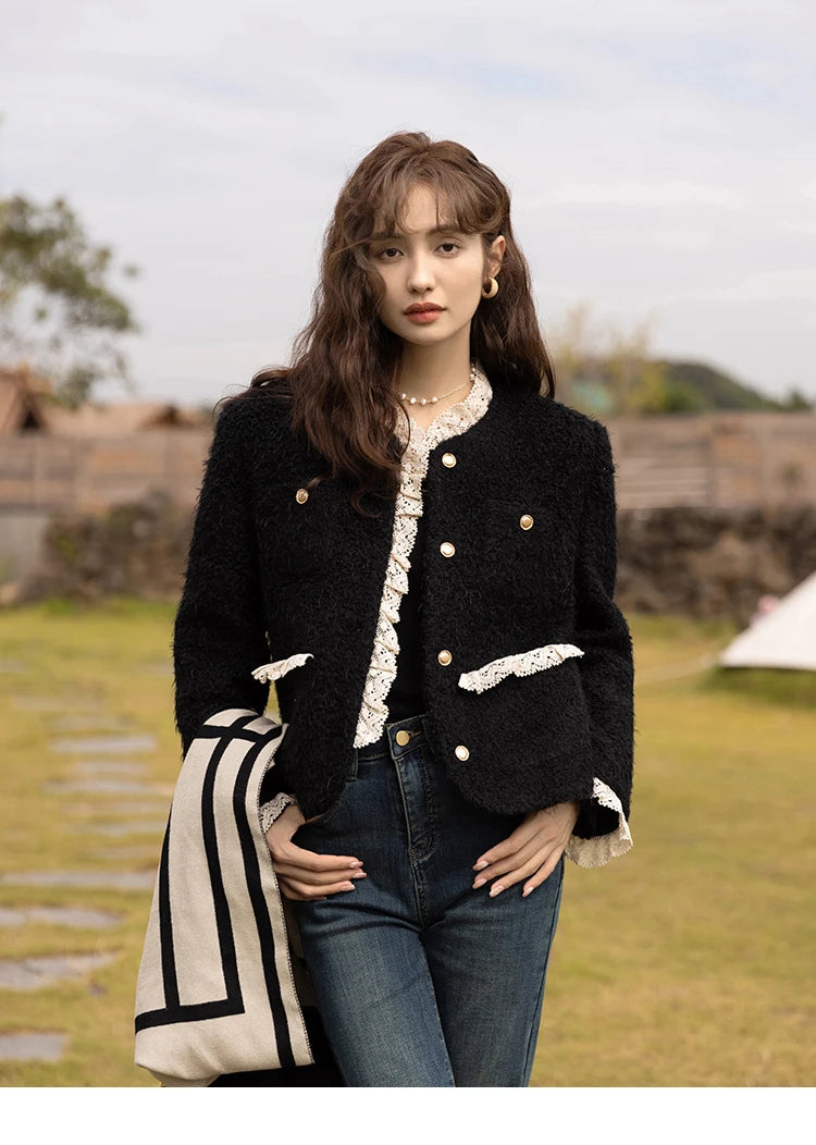 MISHOW Wool Coat for Women Winter Korean Retro Lace Splicing Lamb Wool Button Pockets Thickened Warm Female Coat MXB43W0720