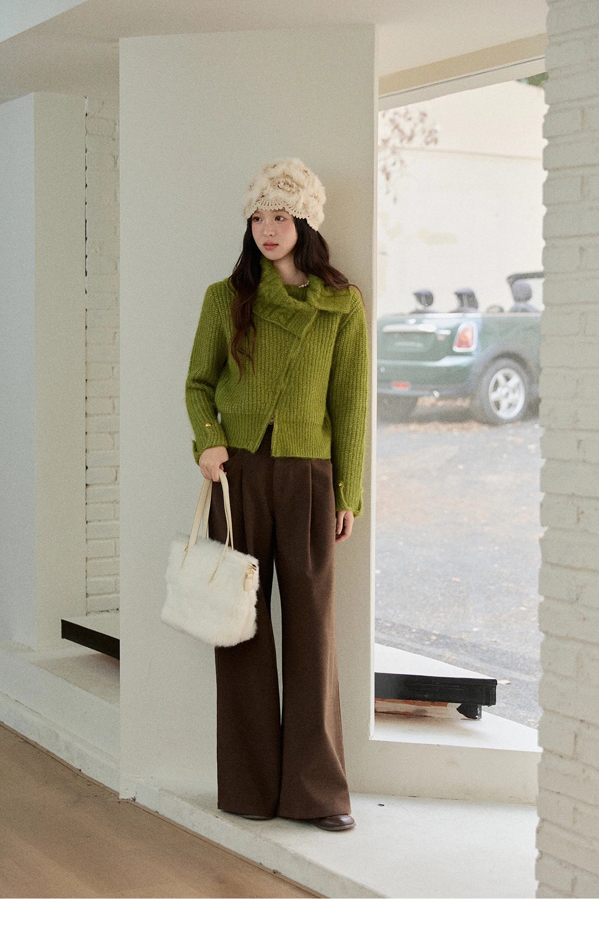 MISHOW Woman Green Sweater 2025 Winter Wool Blend Long-pile Large Lapel Knit Top Loose Design Commute Pullovers MXE90Z2760