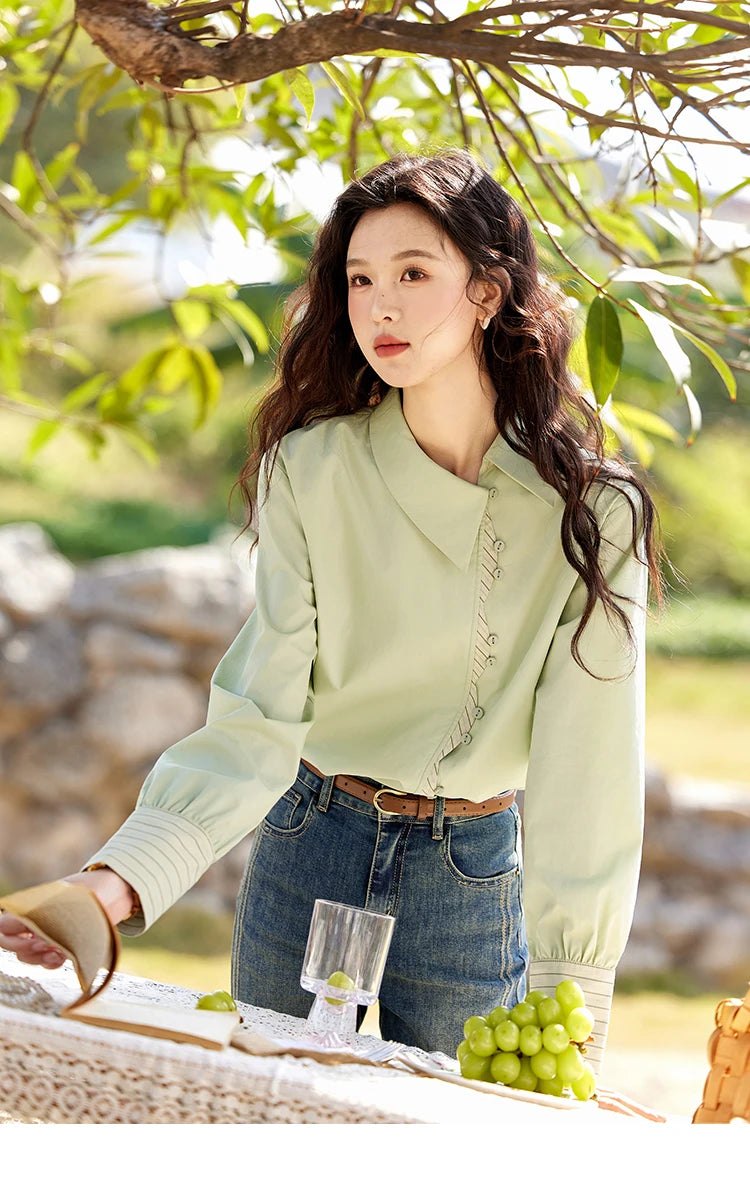 MISHOW Striped Patchwork Shirt for Women Spring 2025 Irregular Single Breasted Buckle Shirts Lapel Tops Office Lady MXE12C0412