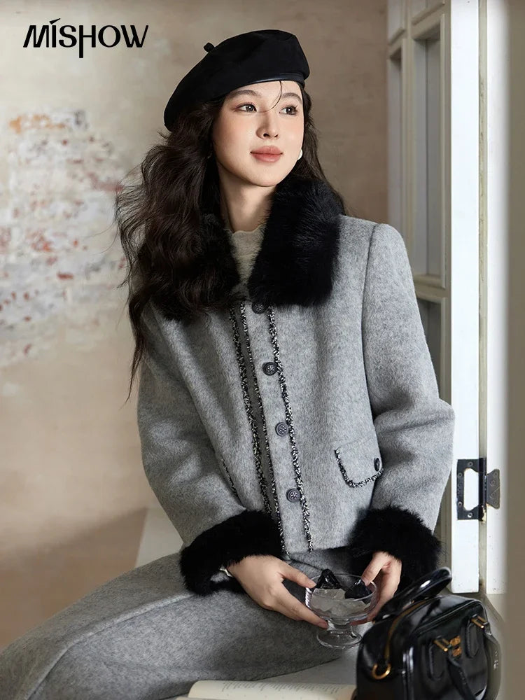 MISHOW Short Tweed Jacket Temperament Midi Skirts Separately Color Clash Lace Design Winter Skirt Thickened Coat MXD54W0553