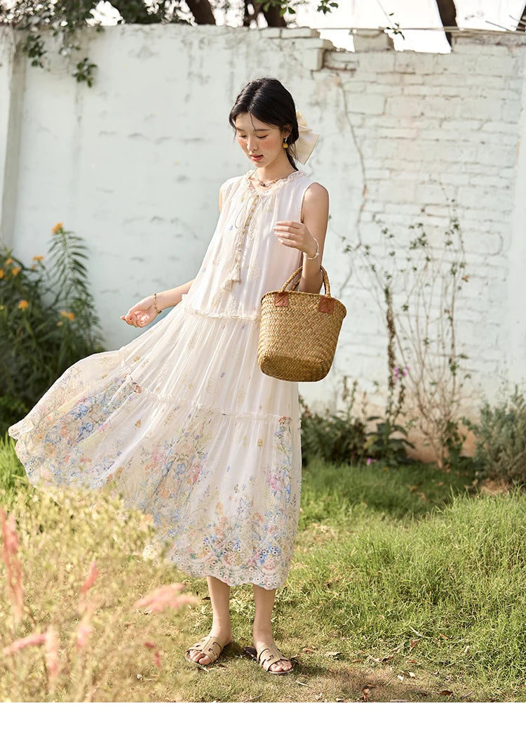 MISHOW Women's Fashion Sleeveless Print Dress 2025 Summer New Mushroom Edge O-Neck Lace Up Tassels Loose Midi Dresses MXE36L2253