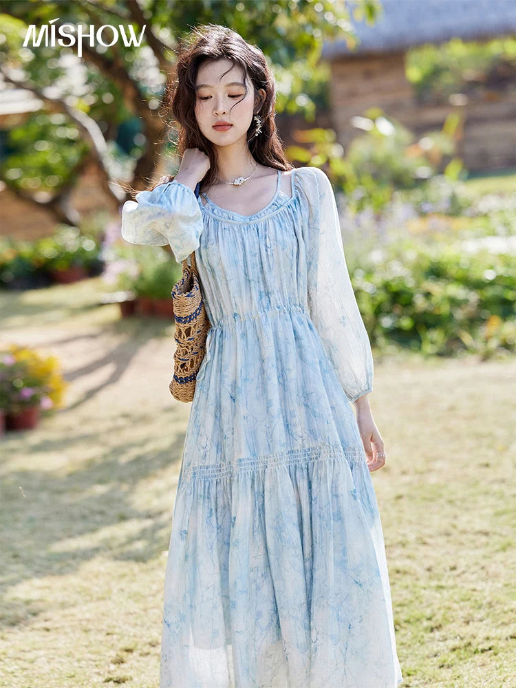 MISHOW Printed Blue Blending Chiffon Vacation Dress Spring 2025 Drawstring Waist Long Dress Lantern Sleeve Dresses MXE16L2114