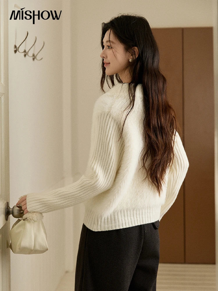 MISHOW Women's White Faux Fur Knit Cardigan 2025 Autumn Winter Fake Two-Piece Zipper Lapel Collar Warm Soft Outerwear MXE94Z2992