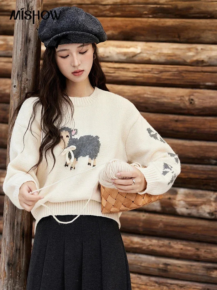 MISHOW Soft Lamb O-Neck Pullovers Color Clash Spliced Knitted Sweater 2024 Winter Women Clothes Thickened Warm Tops MXD59Z1140