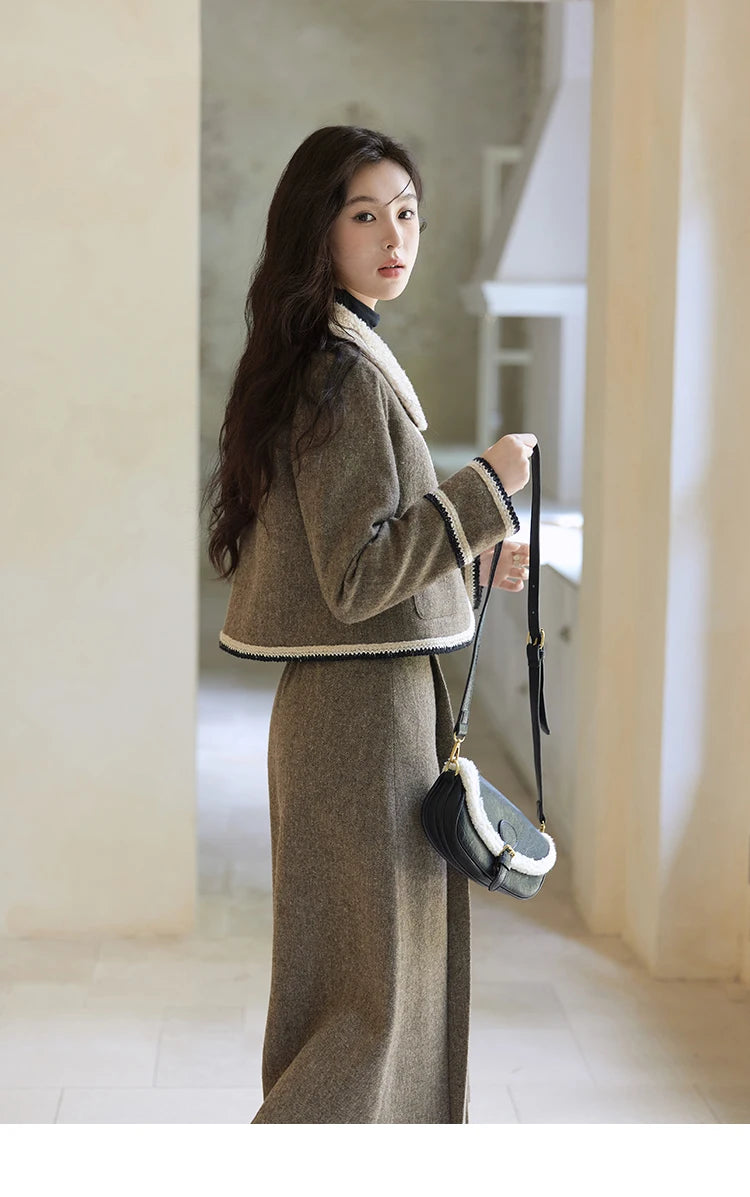 MISHOW Vintage Midi Skirts Coat Seprately Women 2024 Winter Turn Down Collar Plaid Tweed Jacket A-Line Pleated Skirt MXD56W0569