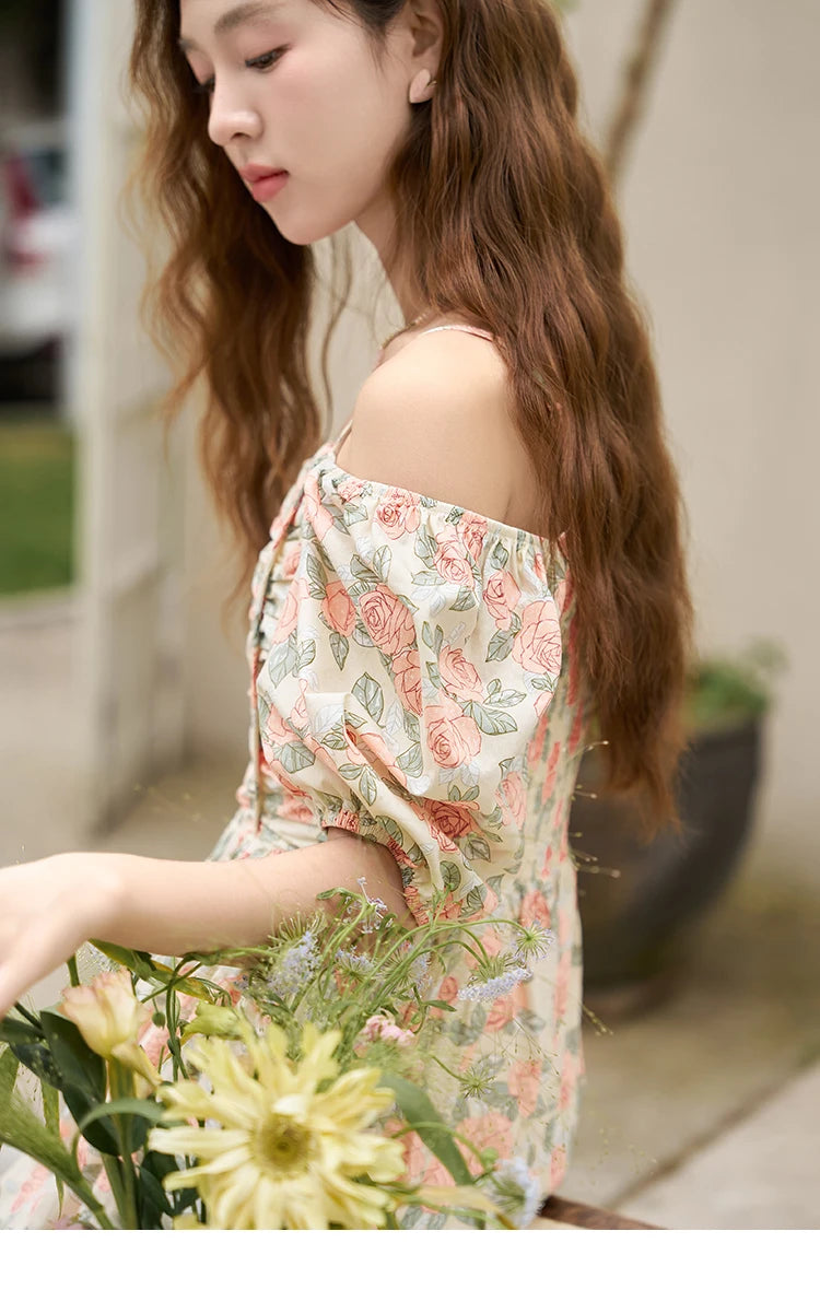 Mishow 100% Cotton Floral Puff Sleeve Dress MXC33L1397