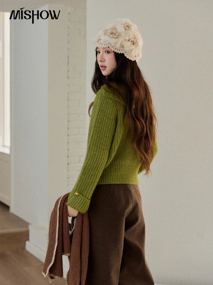 MISHOW Woman Green Sweater 2025 Winter Wool Blend Long-pile Large Lapel Knit Top Loose Design Commute Pullovers MXE90Z2760