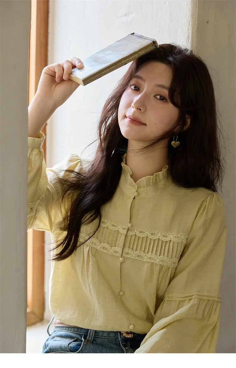 MISHOW Light Yellow Linen Solid Shirt 2025 Autumn Splicing Lace Hollow Sleeves Shirts Stand Collar Top Office Lady MXE42X1976