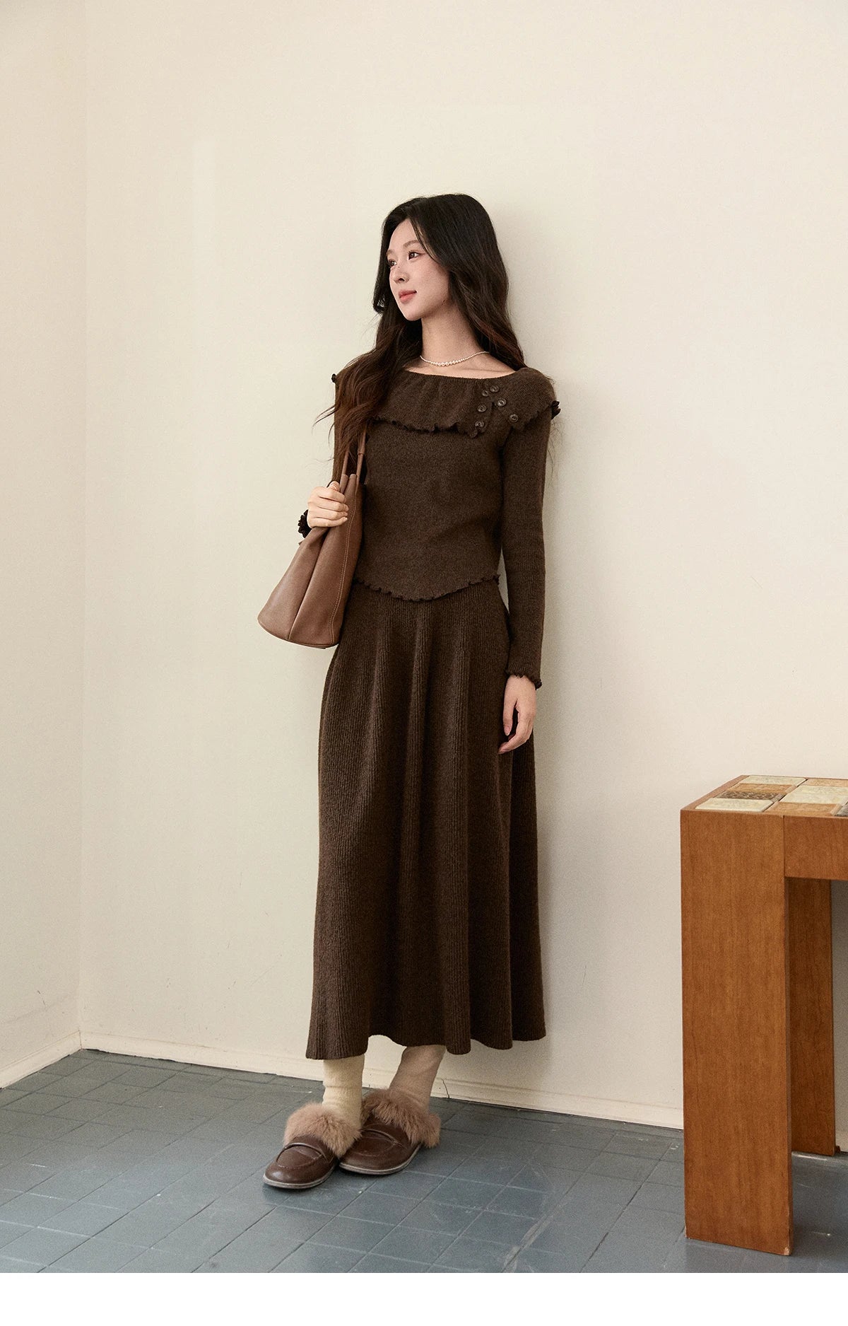 MISHOW Women's Retro Knitted Two-Piece Set 2025 Winter Coffee Ruffle Boat Neck Top A-Line Elastic Waist Skirt Outfit MXE93T1455