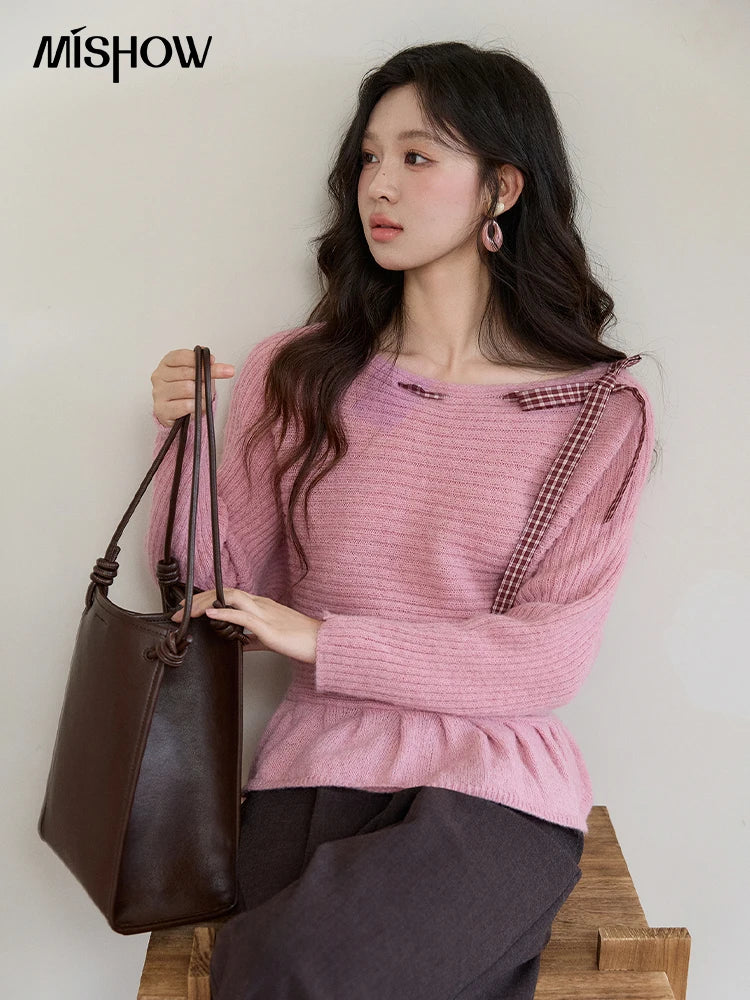MISHOW Women's Pink Ribbed Knit Sweater 2026 Spring Plaid Bow Decor Peplum Hem Long Sleeve Casual Slim Pullover Tops MXF11Z3016