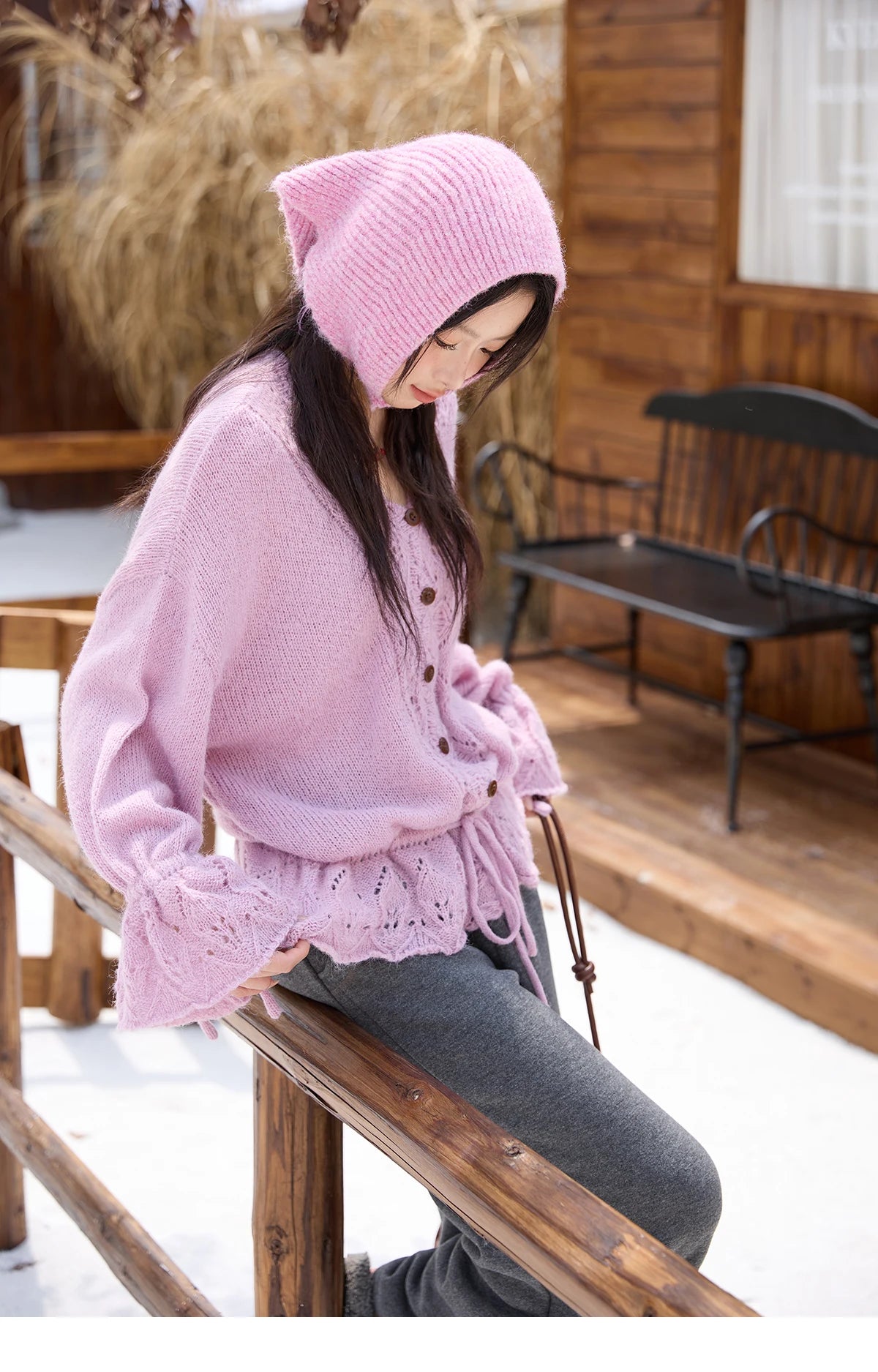 MISHOW Elegant Cardigan Women 2025 Autumn Design Hollow Knit Sweater V-neck Flared Sleeves Loose Casual Sweater MXE47Z2513