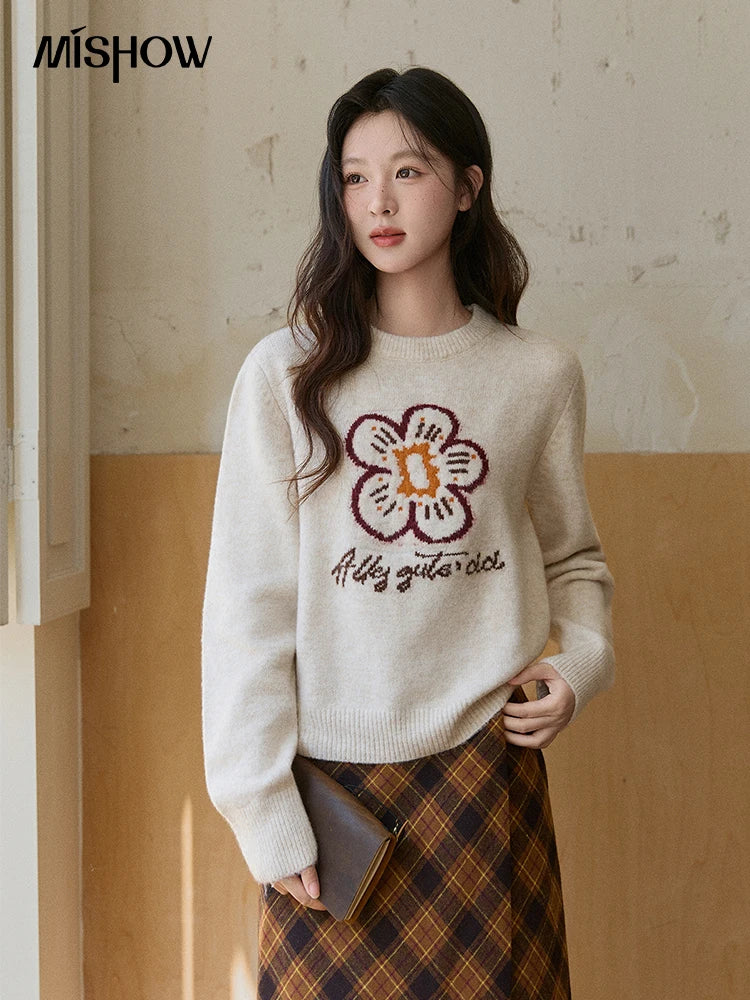 MISHOW Women's Beige Knitted Sweater 2025 Winter Flower Pattern Letter Print Tops O-neck Loose Warm Pullover Sweater MXE91Z2869