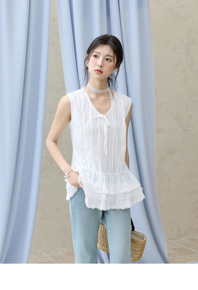 MISHOW Versatile Summer Vest Women 2025 New Solid V-neck Lace Cake Hem Sleeveless Vests Female Fashion Straight Tops MXE31X1779
