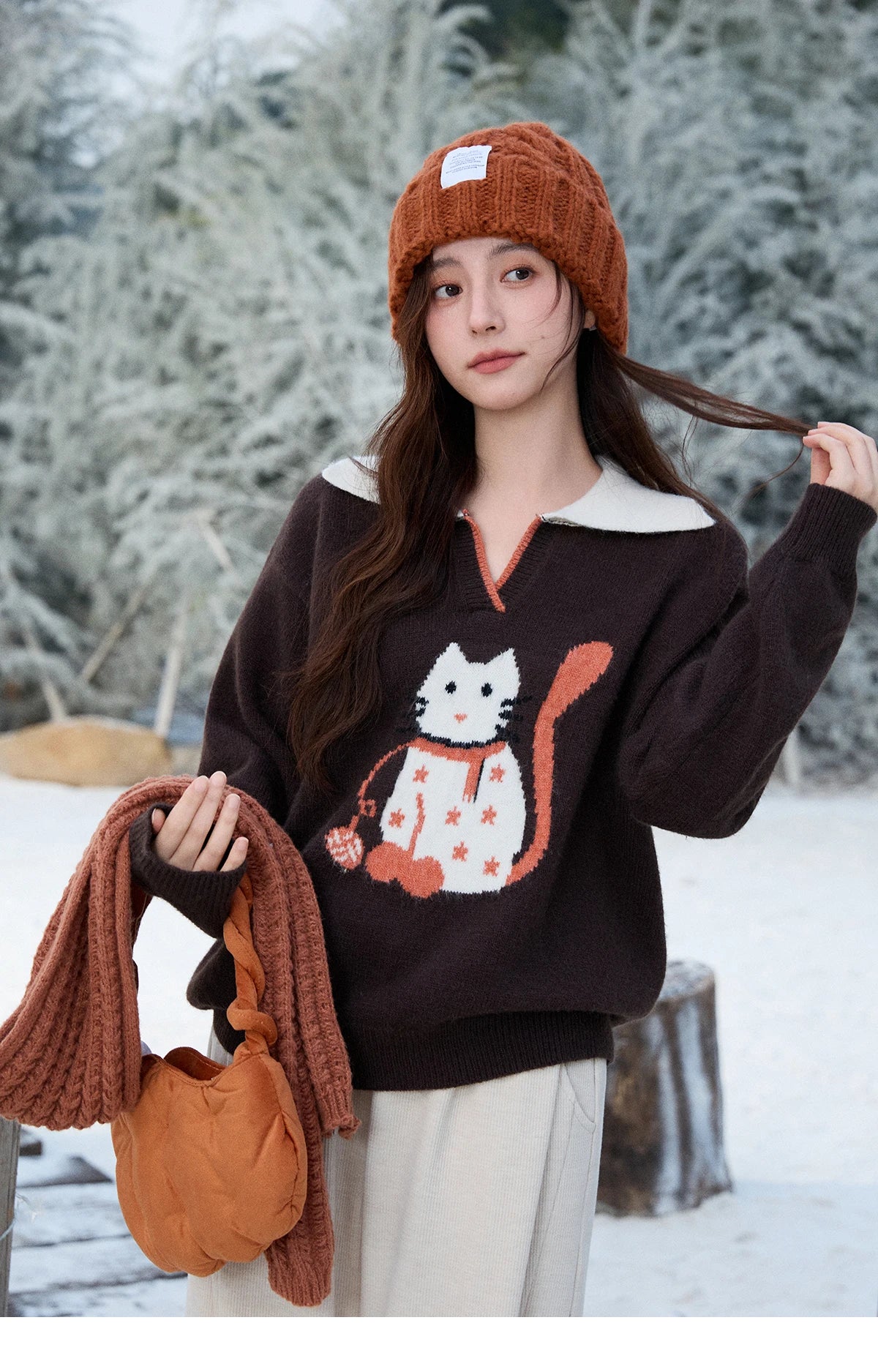 MISHOW Women's Retro Arctic Fleece Cat Sweater 2025 Autumn Winter Color Block Lapel 3D Jacquard Thick Knitted Top MXE90Z2835