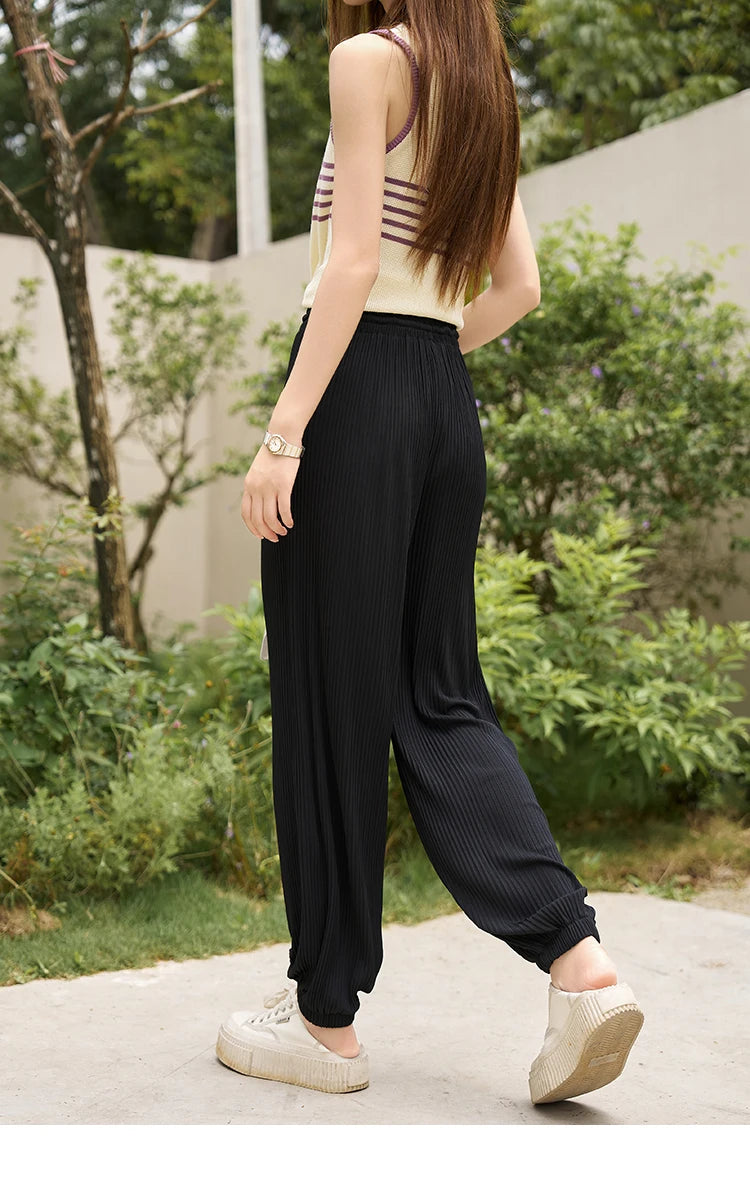 MISHOW Casual Pants for Women 2023 Summer Solid High Waist Slim Straight Elastic Waist Trousers Ankle-Length Pants MXC33K0069