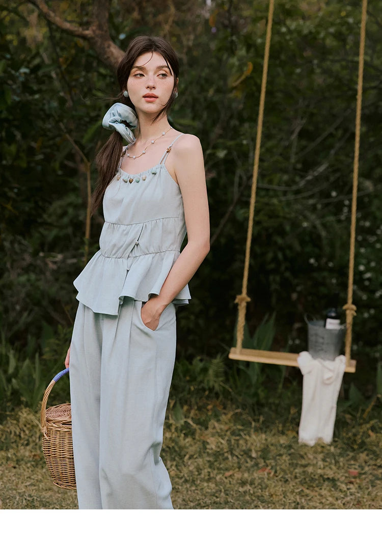 MISHWO Office Lady Summer Camisole Pant Sets for Women 2025 Solid Sleeveless Tops High Waist Loose Pants Female New MXE33T0547