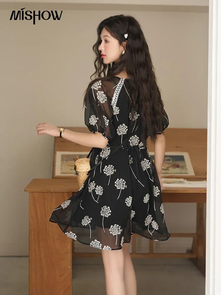 MISHOW【Taraxacum Series】Black Embroidered Dress for Women 2023 Summer French Tea Break Lace-up Retro Romantic Dresses MXC39L1567