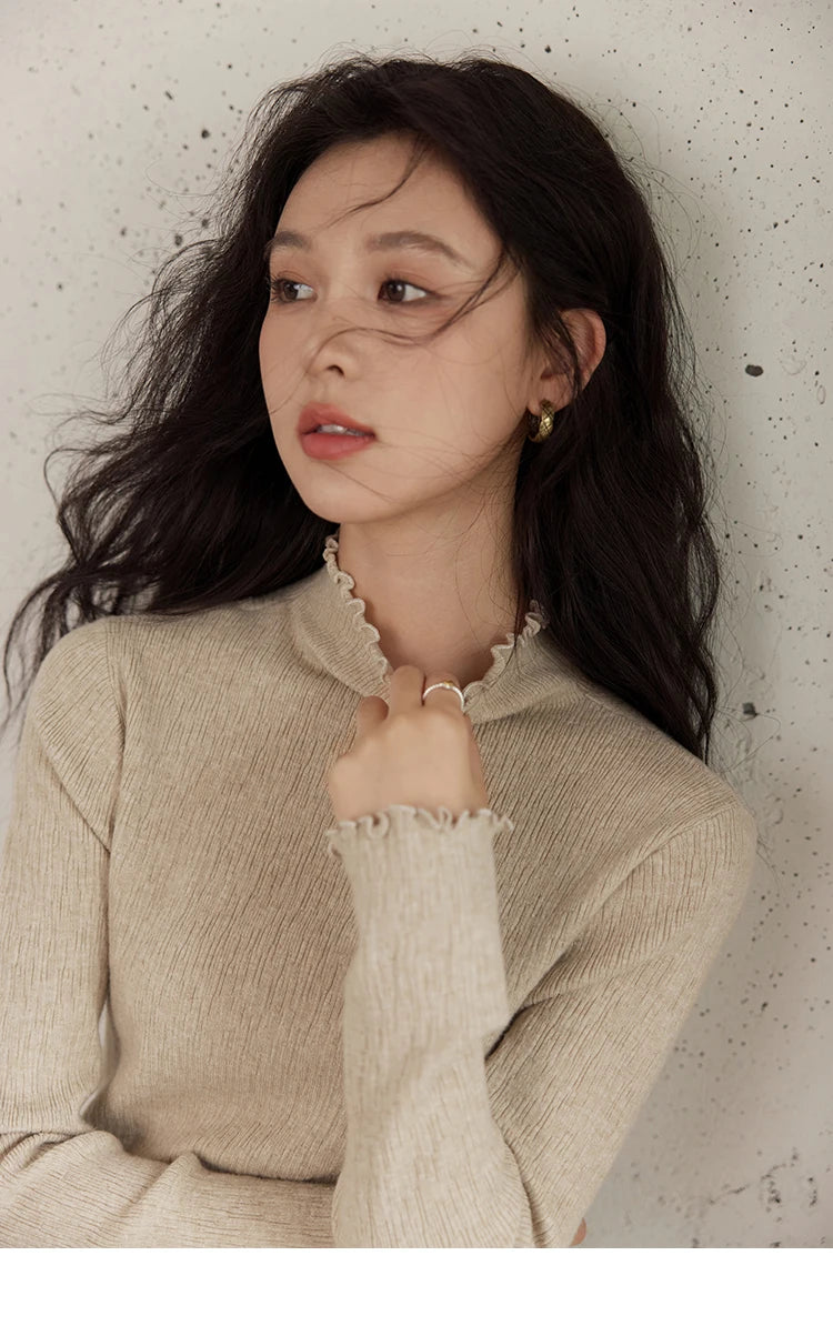MISHOW Bottom Knitted Sweater Women Ruffled Edge High Collar Long Sleeve 2025 Winter Solid Slim Thin Internal Tops MXD48Z0850