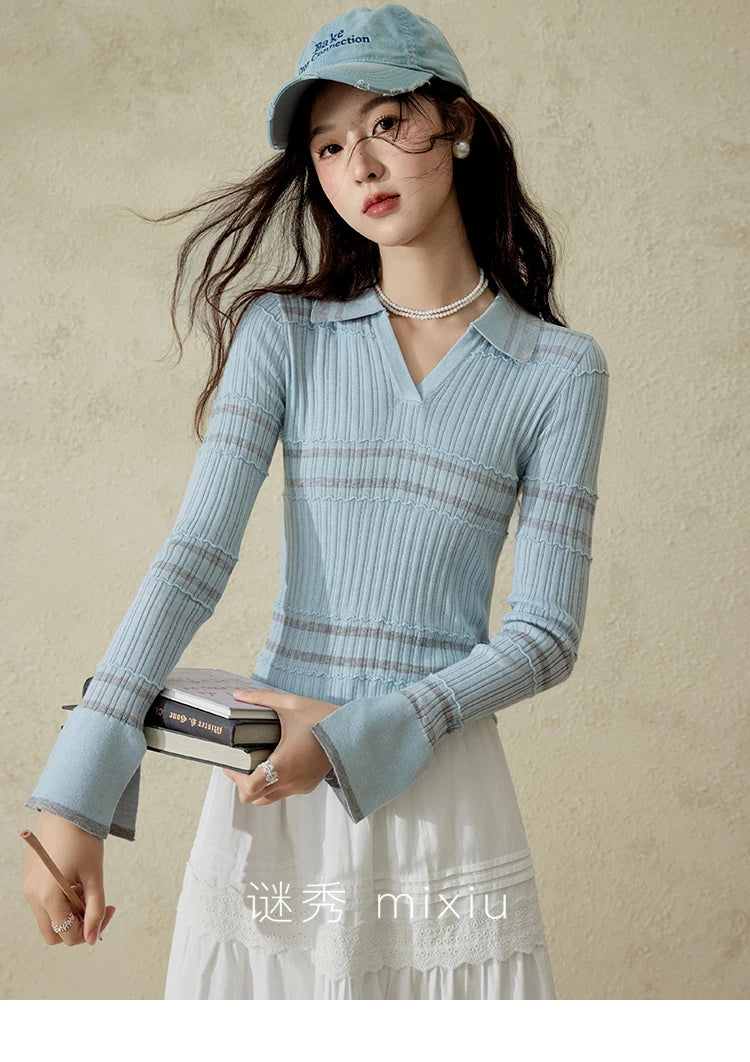 MISHOW Striped Knitted Tops for Women Spring 2025 Contrast Color Striped Slim V-neck Trumpet Sleeves Commuter Outfit MXE13Z1141