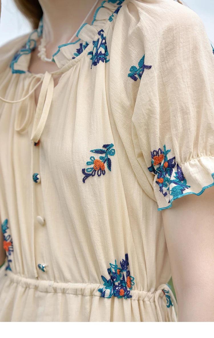 MISHOW French Romantic Dress 2024 Summer Women Embroidered Flower Fairycore Dresses Elastic Waist Drawstring Dress MXD24L1835