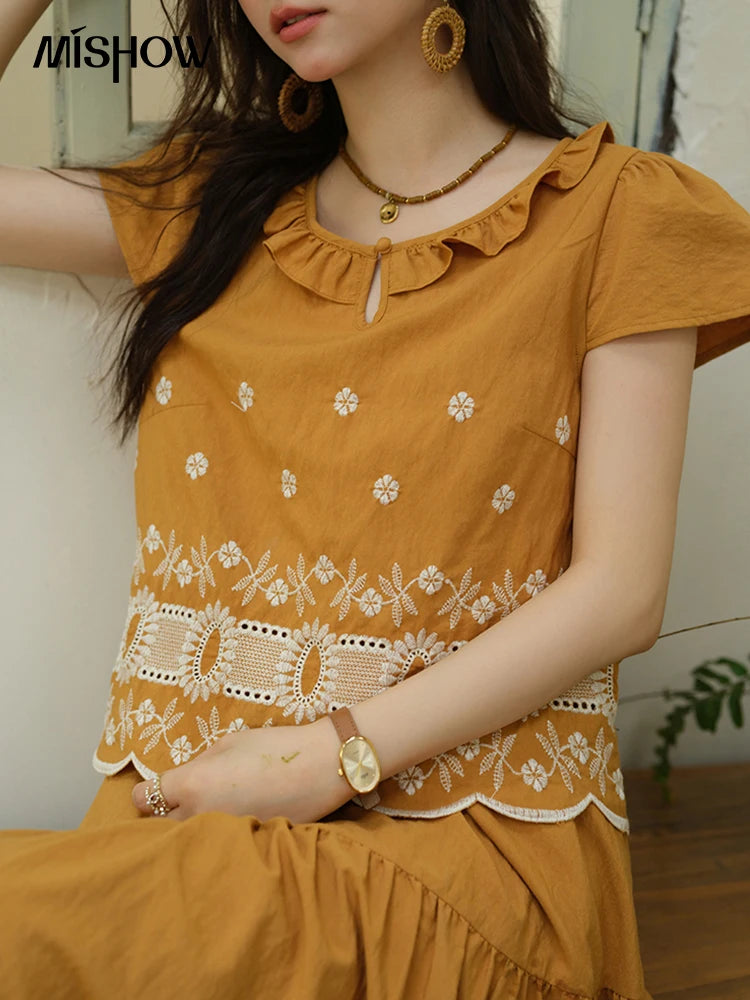 MISHOW Women's Clothing Two Piece Set 2025 French Lace Embroidery Blouse A-line Straight Half Skirt Ladies Summer Set MXE39T0645