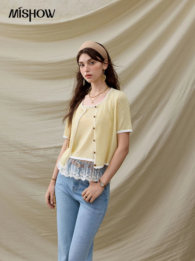 MISHOW Summer Camisole Cardigan Sets for Women 2025 Short Sleeve Round Neck Hem Lace Knitted Tops Female Fashion MXE33T0582