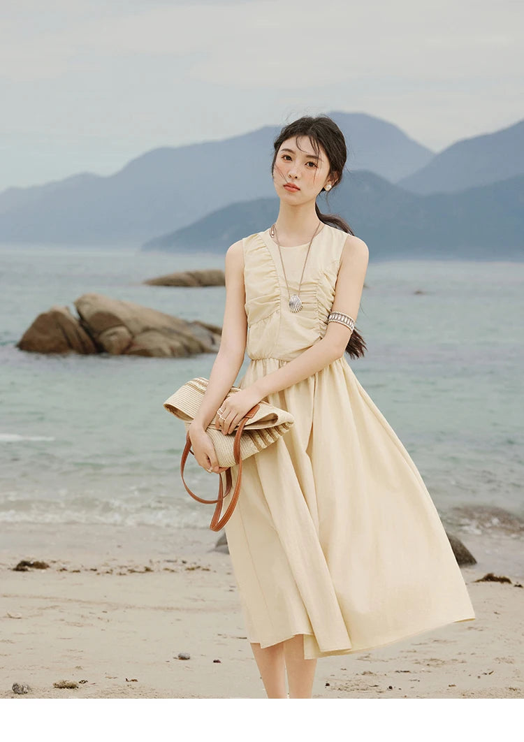 MISHOW Office Lady Summer Dress Women 2025 New Round Neck Sleeveless Solid with Belt Dresses Female Fashion Slimming MXE31L2188