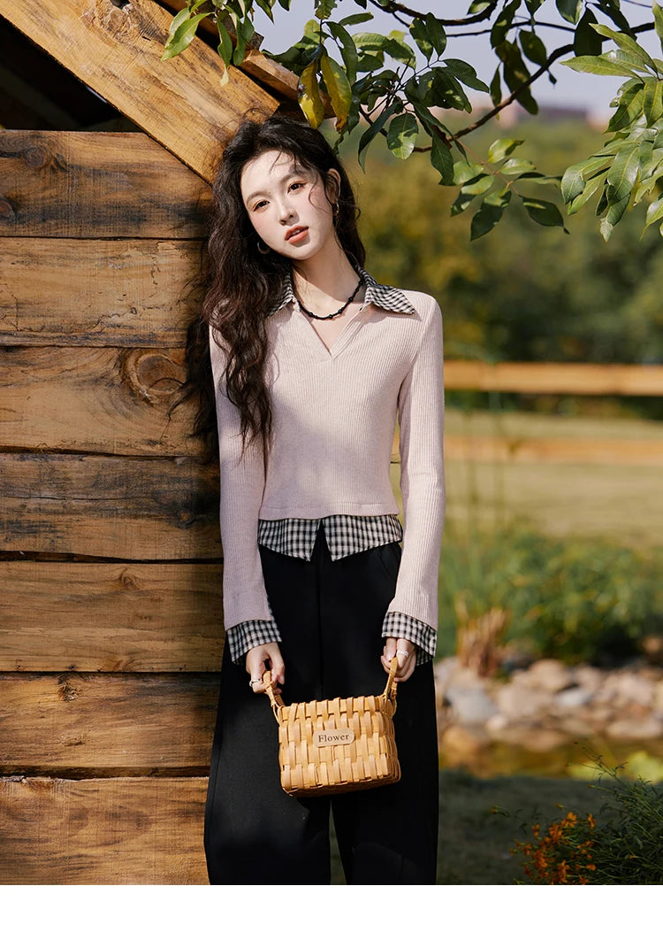 MISHOW Plaid Splicing Fake Two-piece Tops for Women Spring 2025 Contrasting Colors Slim Thin Top V-neck Casual Tees MXE13Z1108