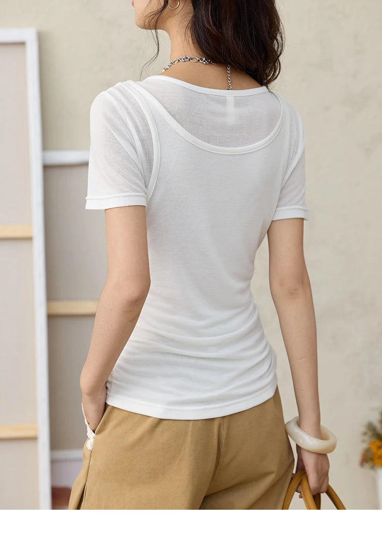 MISHOW White Fake Two Piece Bead Embroidered T-shirt for Women 2025 100 Cotton Tees Round Neck Knitted Breathable Top MXE35T0566