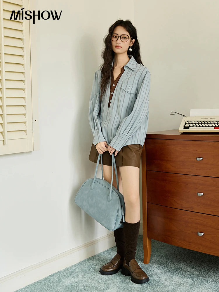 MISHOW Peach Skin Velvet Stripe Shirt for Women Autumn 2025 Double Layered Collar Contrasting Color Shirt Commute Top MXE47C2408