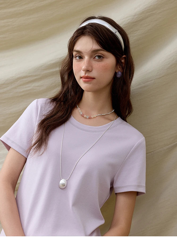 MISHOW Casual Summer T-shirts Women Short Sleeve Round Neck Solid Straight Shoulder Shirt Female Fashion Slimming New MXE31T0532