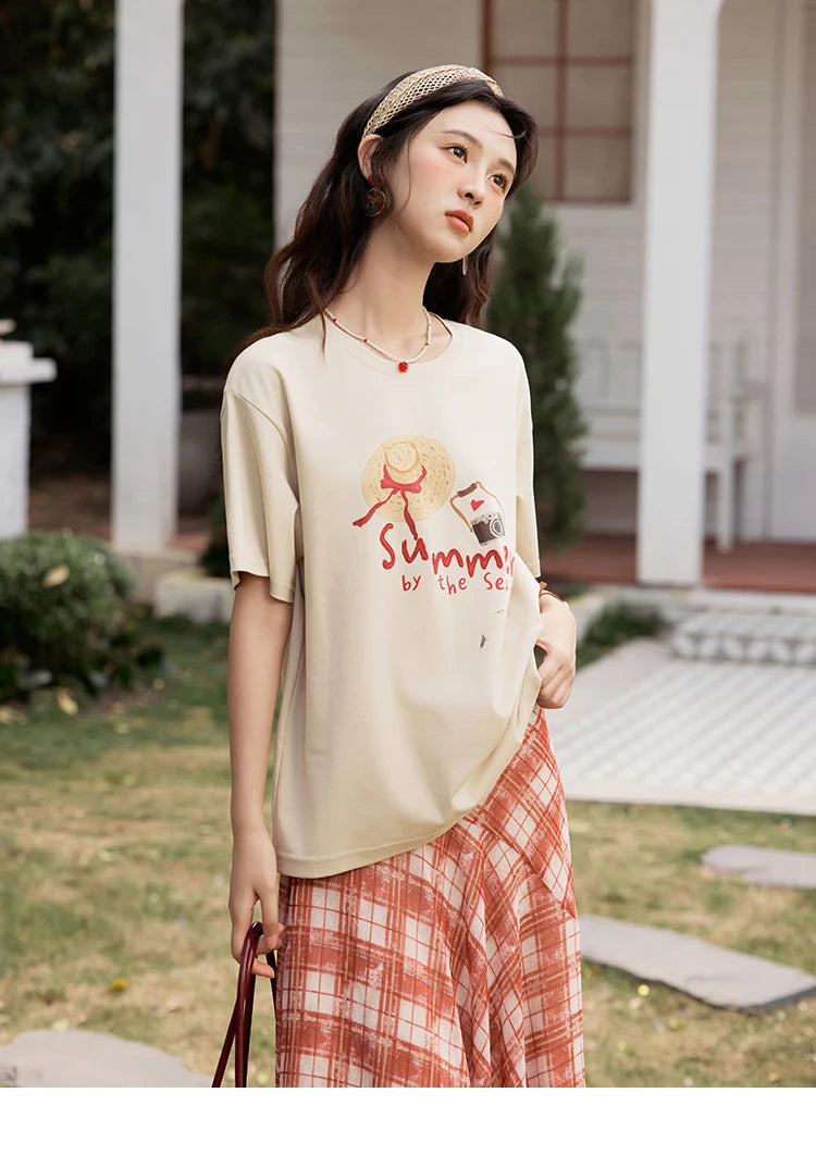 MISHOW Women's Print T-shirt 2025 Summer New Loose Casual T-shirt Ladies Round Neck Short Sleeve Tee Female Clothing MXE34T0559