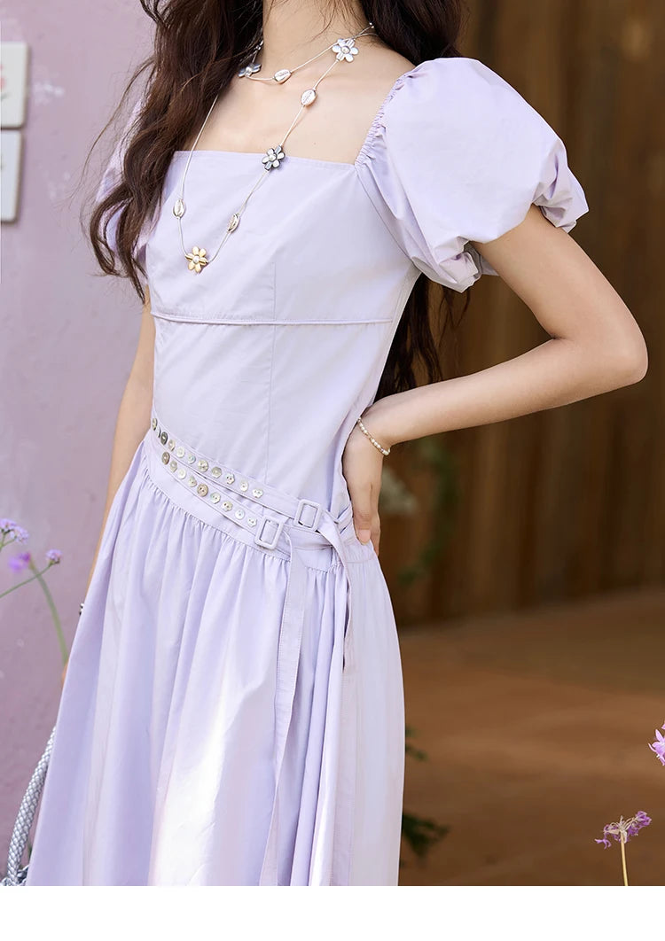 MISHOW French Purple Dresses Women Summer 2025 Solid Short Puff Sleeve Square Neck Slimming Dress Woman New Fashion MXE34L2222