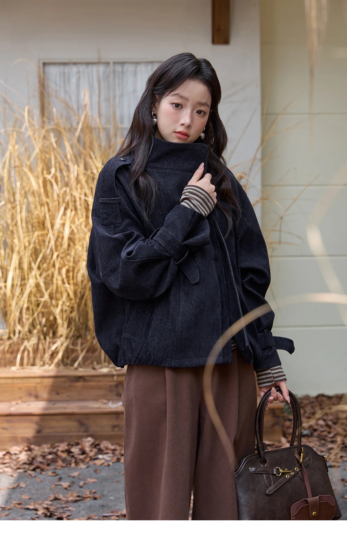 MISHOW Navy Blue Short Jacket for Women 2025 Autumn Winter Safari Style Stand Collar Epaulette Design Cuff Jacket MXE49W0901