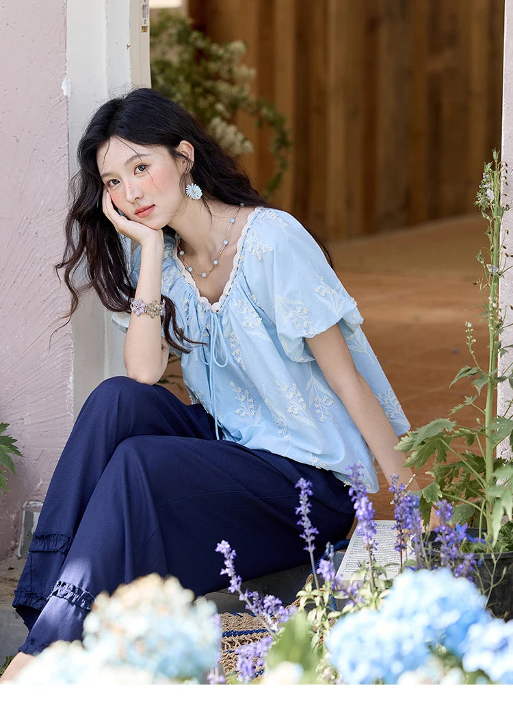 MISHOW Blue Pure Cotton Embroidered Blouses 2025 Summer Wave Edged O-neck Tops Contrasting Lace Up Loose Doll Blouses MXE35X1791