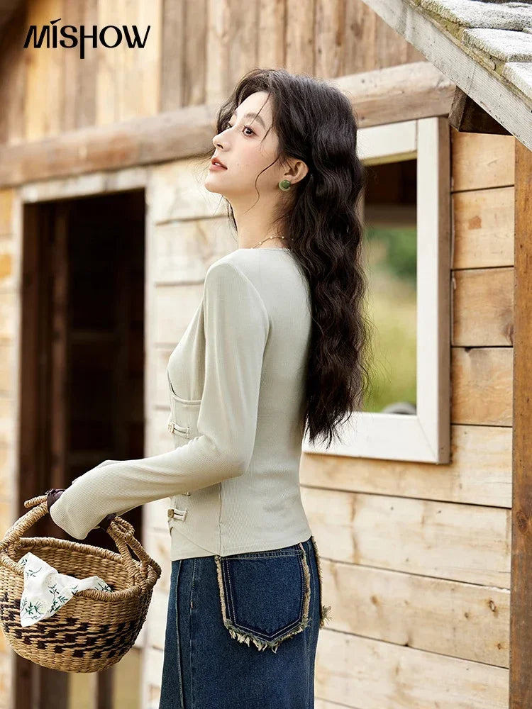 MISHOW Knitted Sweater Solid Color V-neck Long Sleeved Women Spring Summer New Fashion Elastic Slim Tshirt Tops Sweet MXE11Z1076