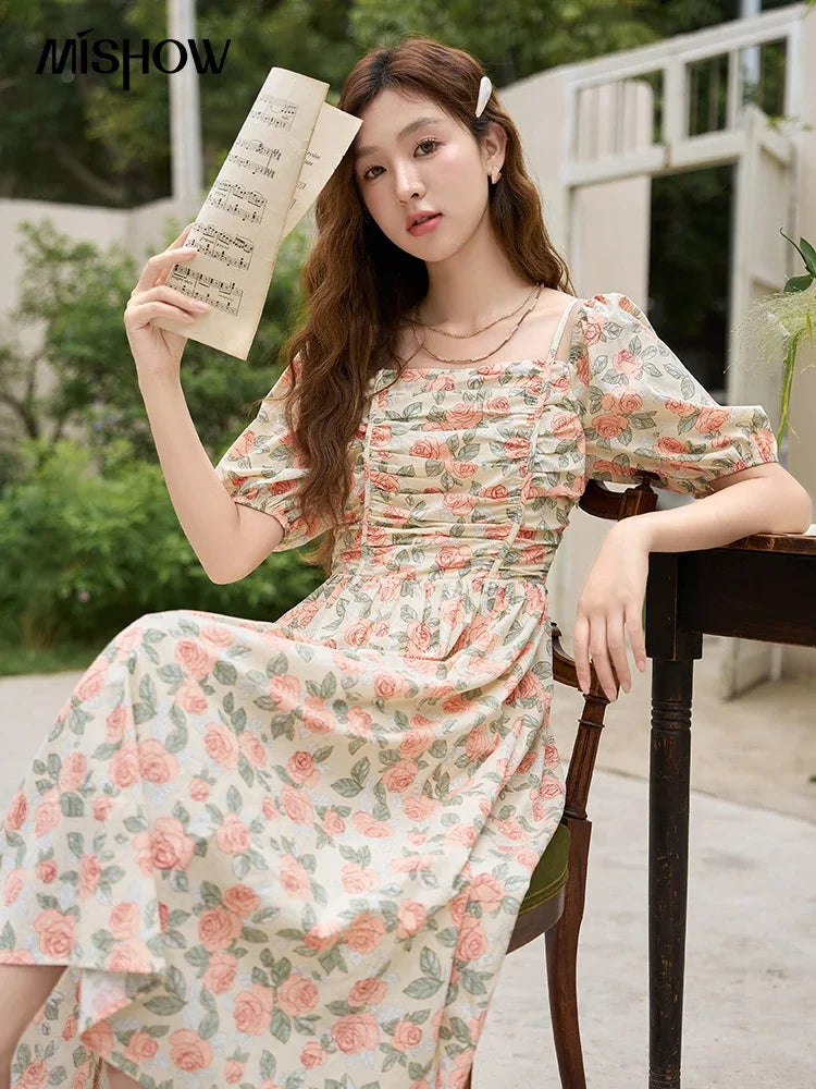 Mishow 100% Cotton Floral Puff Sleeve Dress MXC33L1397