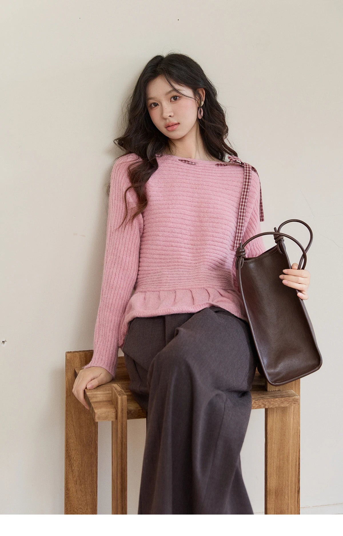 MISHOW Women's Pink Ribbed Knit Sweater 2026 Spring Plaid Bow Decor Peplum Hem Long Sleeve Casual Slim Pullover Tops MXF11Z3016