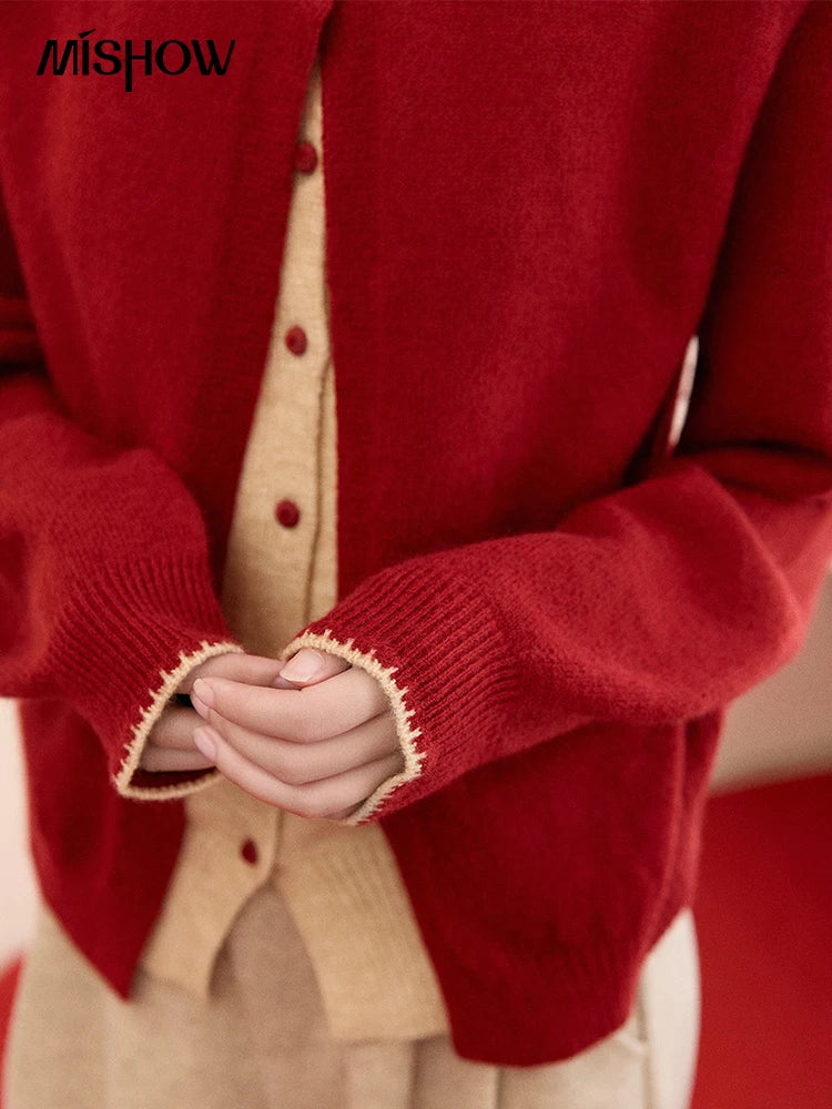 MISHOW Color Block Contrast Fake Two-Piece Cardigan Women Winter Removable Plaid Collar Tie Thickened Knitted Sweater MXE93Z2816