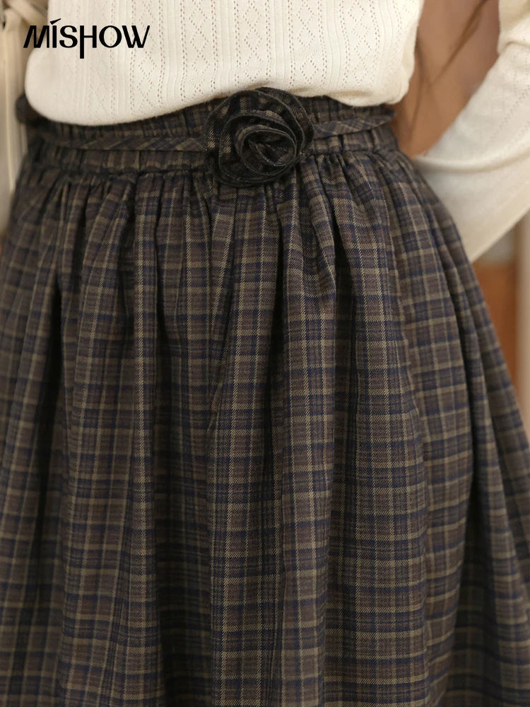 MISHOW Green Plaid Short Skirt Autumn Handmade Flower Tie Brushed Fabric Skirt Elastic Waist Hem Splic Lace Skirts MXE44B2407