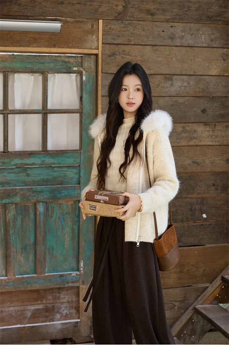 MISHOW Women's Beige White Cardigan Winter Fur Hood Zipper Warm Loose Outerwear Towel Embroidered Knitted Cardigan MXE94Z2963